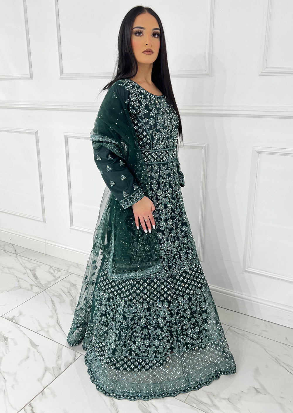 RH2112 Riya - Green Fancy Net Maxi Dress - Memsaab Online