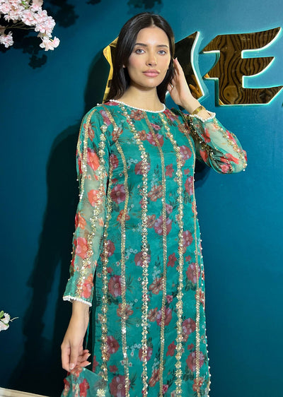 HK269 Zarifa - Green Readymade Organza Suit - Memsaab Online