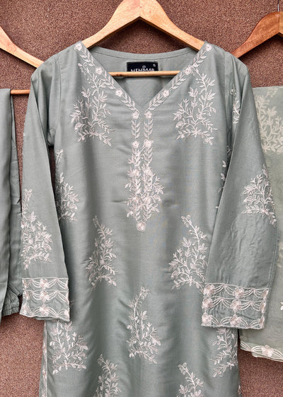 HK283 - Resha - Green Linen Double Layer Suit - Memsaab Online