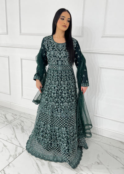 RH2112 Riya - Green Fancy Net Maxi Dress - Memsaab Online