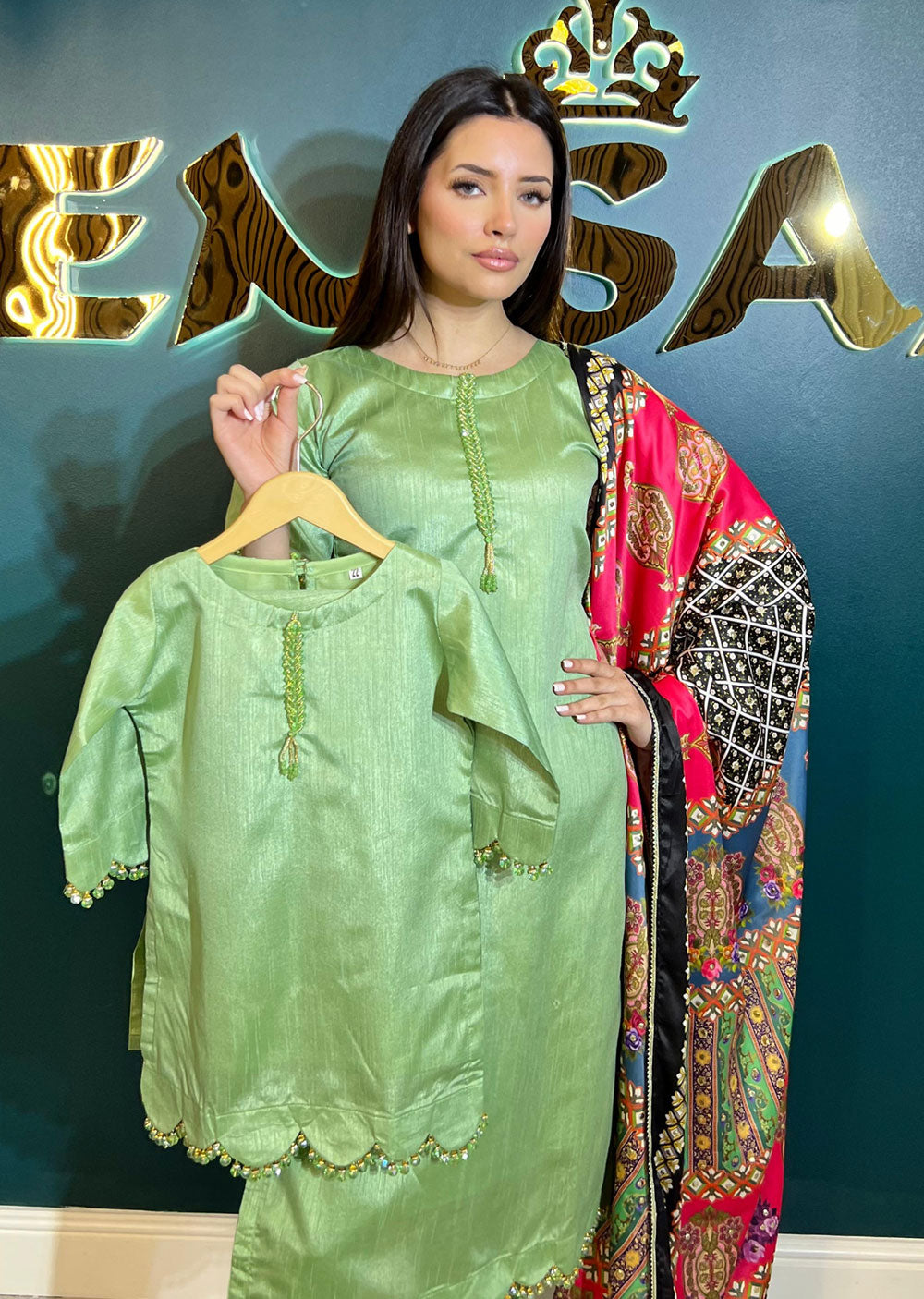 HK265 Zarora - Green Readymade Raw Silk Mummy n Me Suit - Memsaab Online