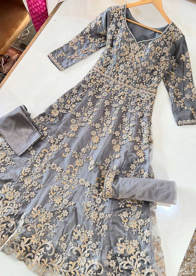 ASF4626R Roohi - Readymade Grey Net Dress - Memsaab Online