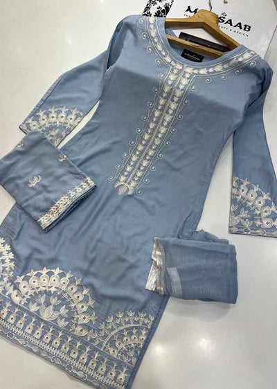 HK204 Saari Readymade Baby Blue Linen Suit - Memsaab Online