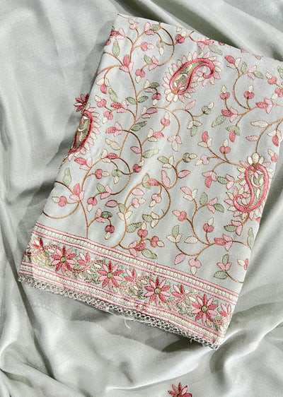 OP2679 - Grey - Unstitched - Embroidered Linen Suit - Memsaab Online