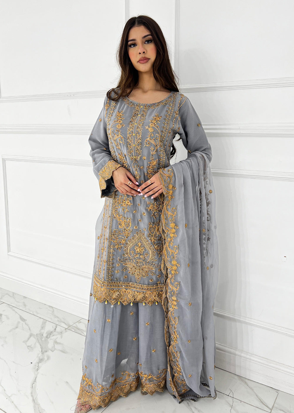 UJK-02 - Grey - Readymade - Florine Chiffon Suit 2025 - Memsaab Online