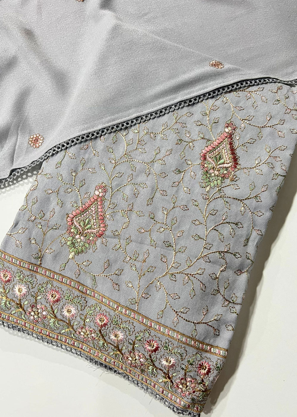 OP2551 - Grey - Unstitched - Embroidered Linen Suit - Memsaab Online