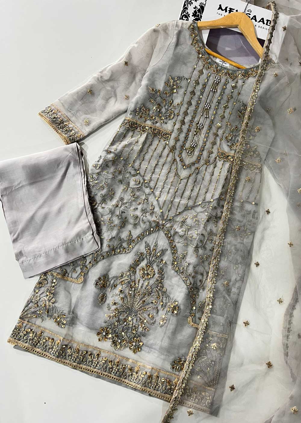 KLD319 JANA - Grey Readymade Organza Suit - Memsaab Online