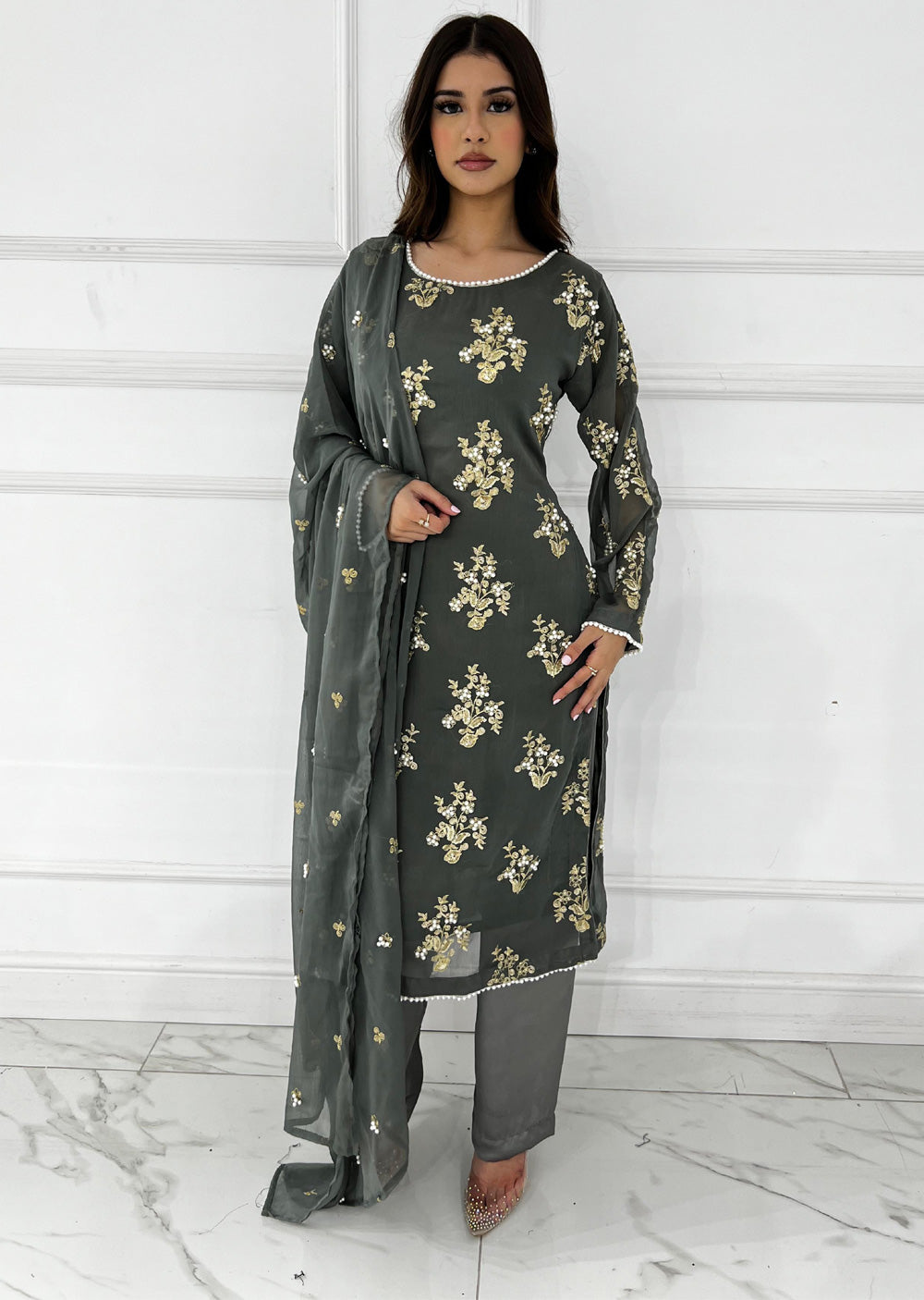 SMR3109 Rehem Dil - Grey Chiffon Suit - Memsaab Online