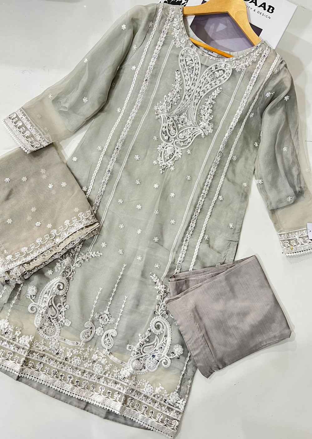 KLD308 Huma - Grey Readymade Organza Suit - Memsaab Online