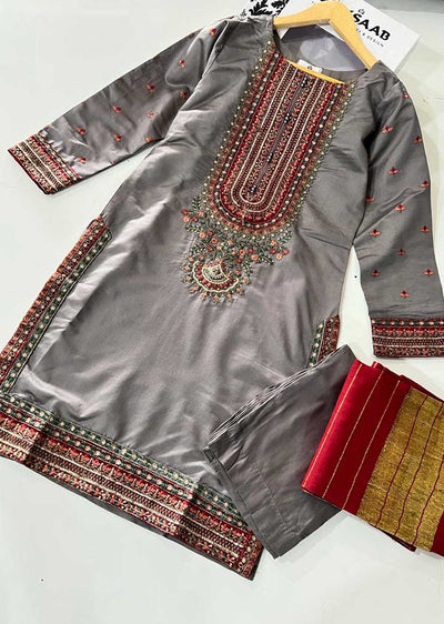 KLD310 Aaria - Grey Readymade Khadi Net Suit - Memsaab Online