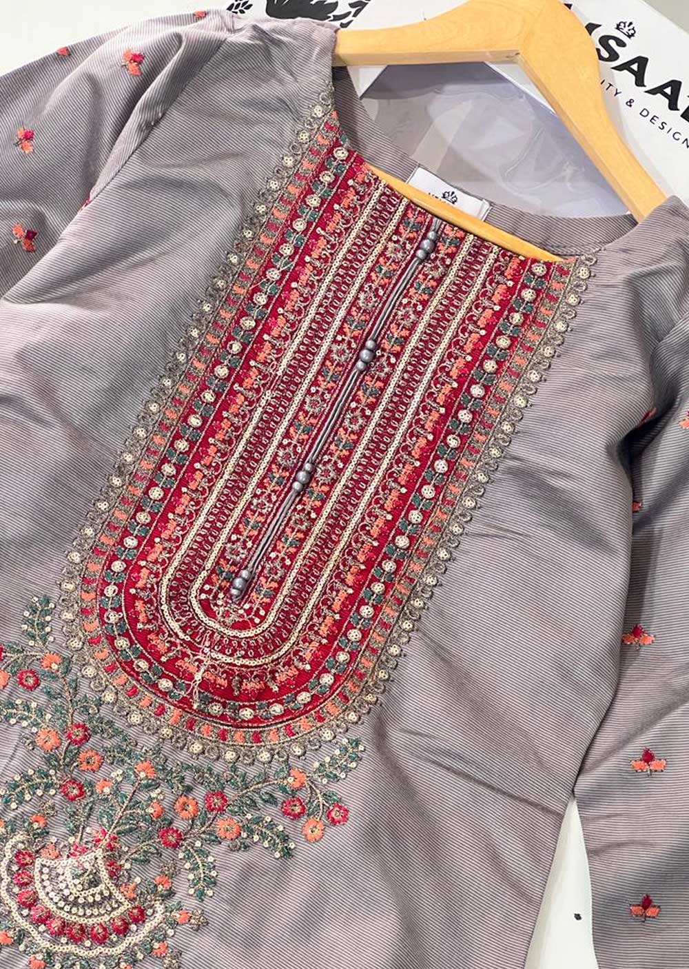 KLD310 Aaria - Grey Readymade Khadi Net Suit - Memsaab Online