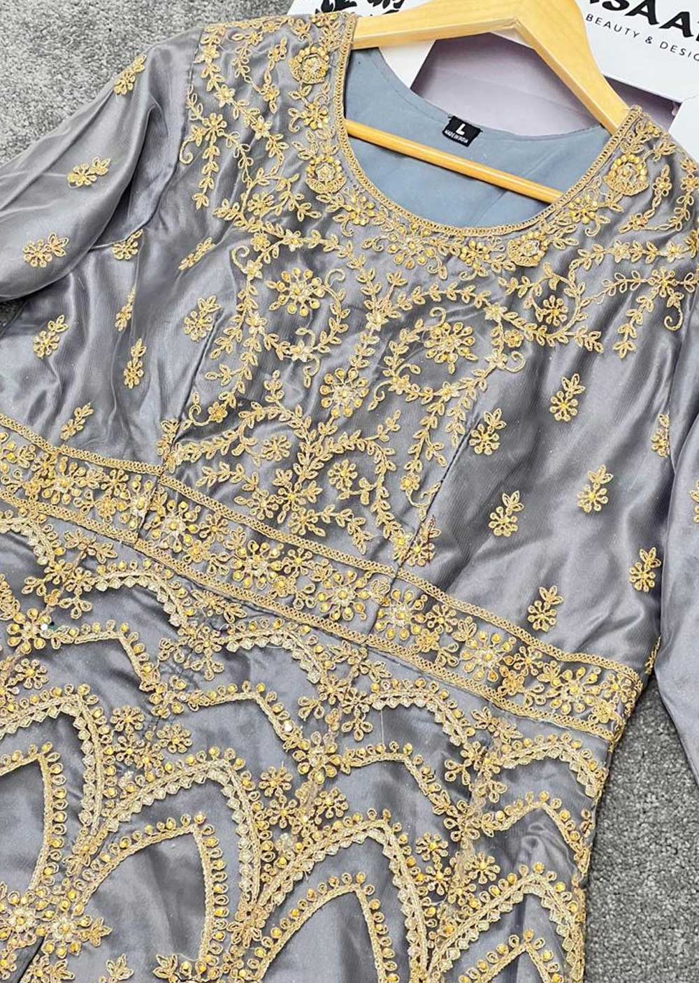 ASF528 Grey Readymade Net Gown - Memsaab Online