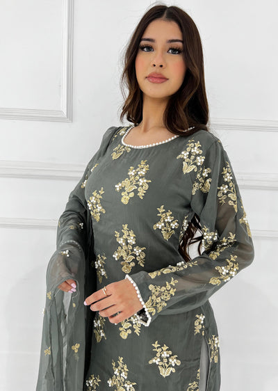 SMR3109 Rehem Dil - Grey Chiffon Suit - Memsaab Online