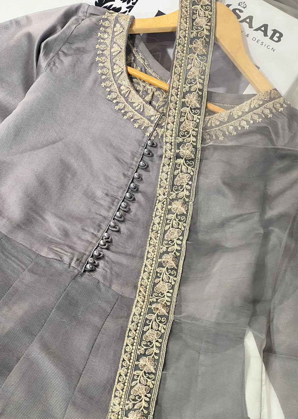 KLD318 / KLD1037 Iman - Grey Readymade Khadi Net Suit - Memsaab Online