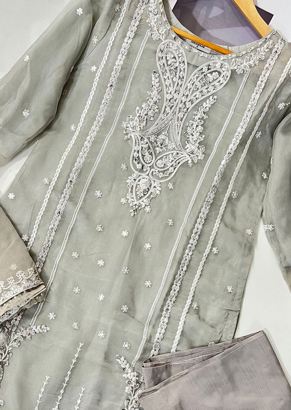 KLD308 Huma - Grey Readymade Organza Suit - Memsaab Online