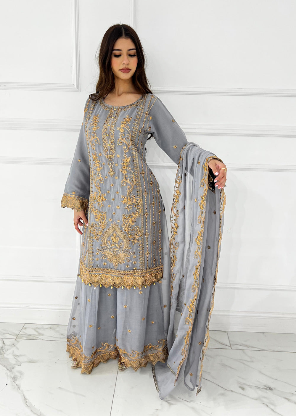 UJK-02 - Grey - Readymade - Florine Chiffon Suit 2025 - Memsaab Online