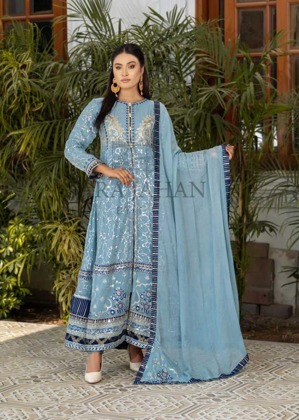 SJ029 Grey/Blue Readymade Fancy Chiffon Suit - Memsaab Online