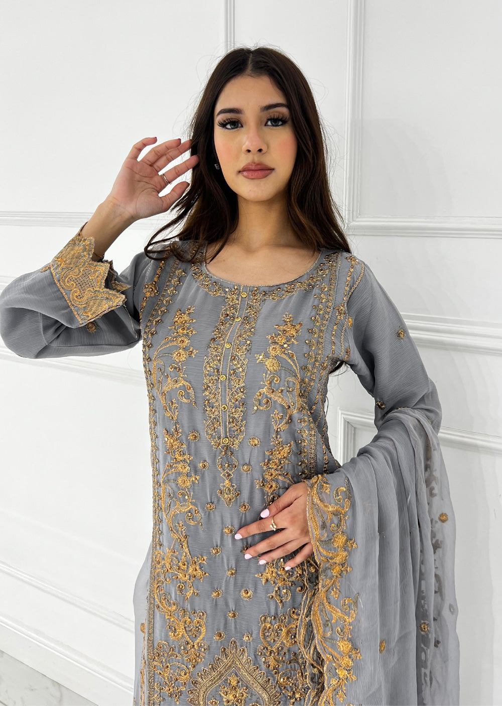 UJK-02 - Grey - Readymade - Florine Chiffon Suit 2025 - Memsaab Online