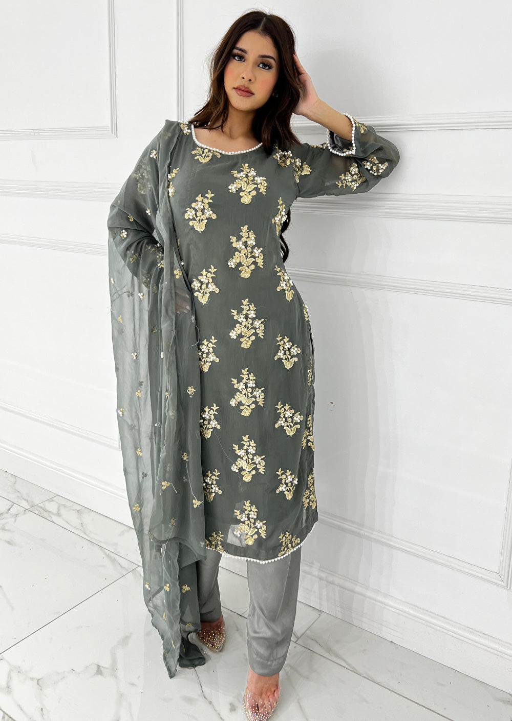 SMR3109 Rehem Dil - Grey Chiffon Suit - Memsaab Online