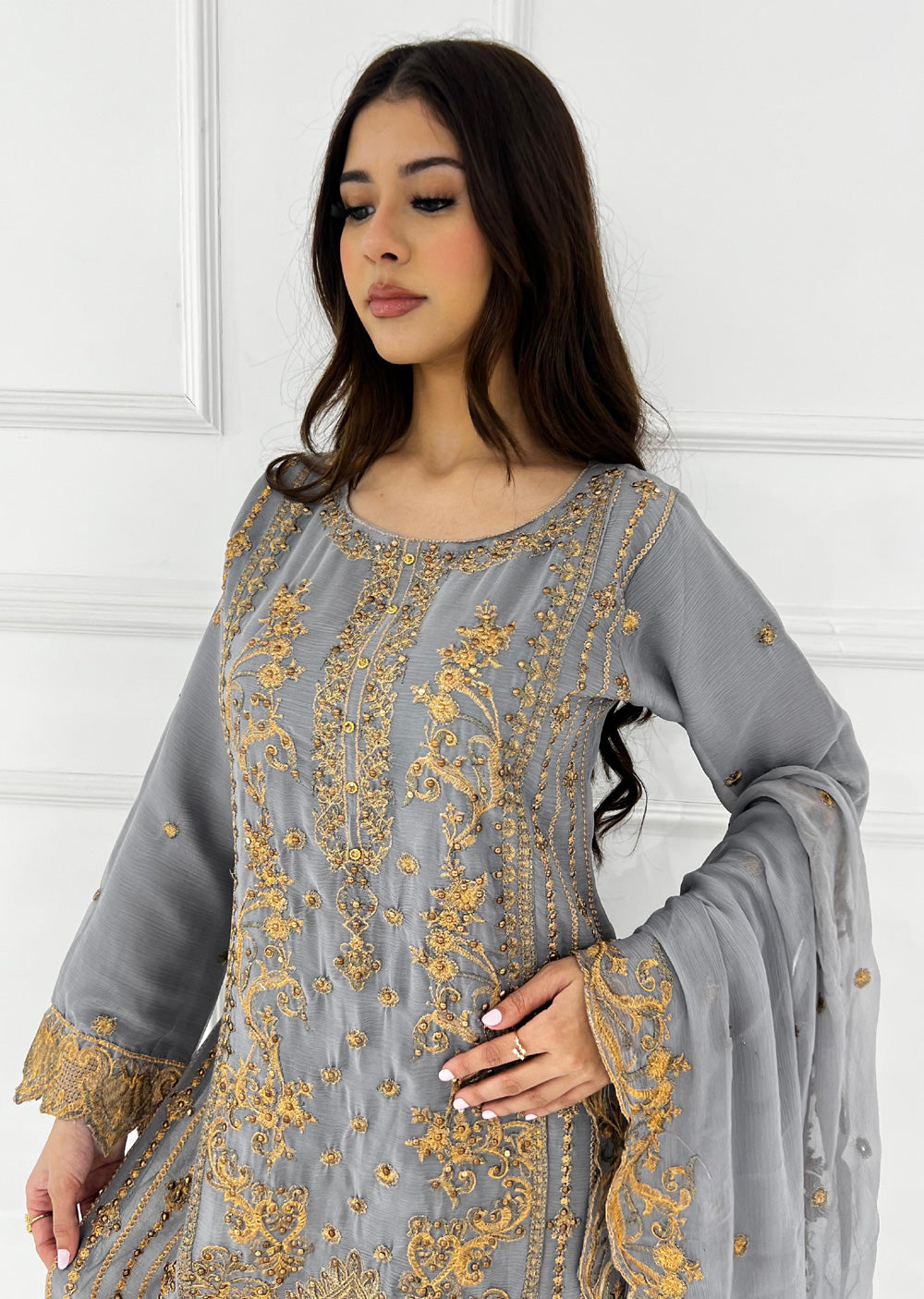 UJK-02 - Grey - Readymade - Florine Chiffon Suit 2025 - Memsaab Online