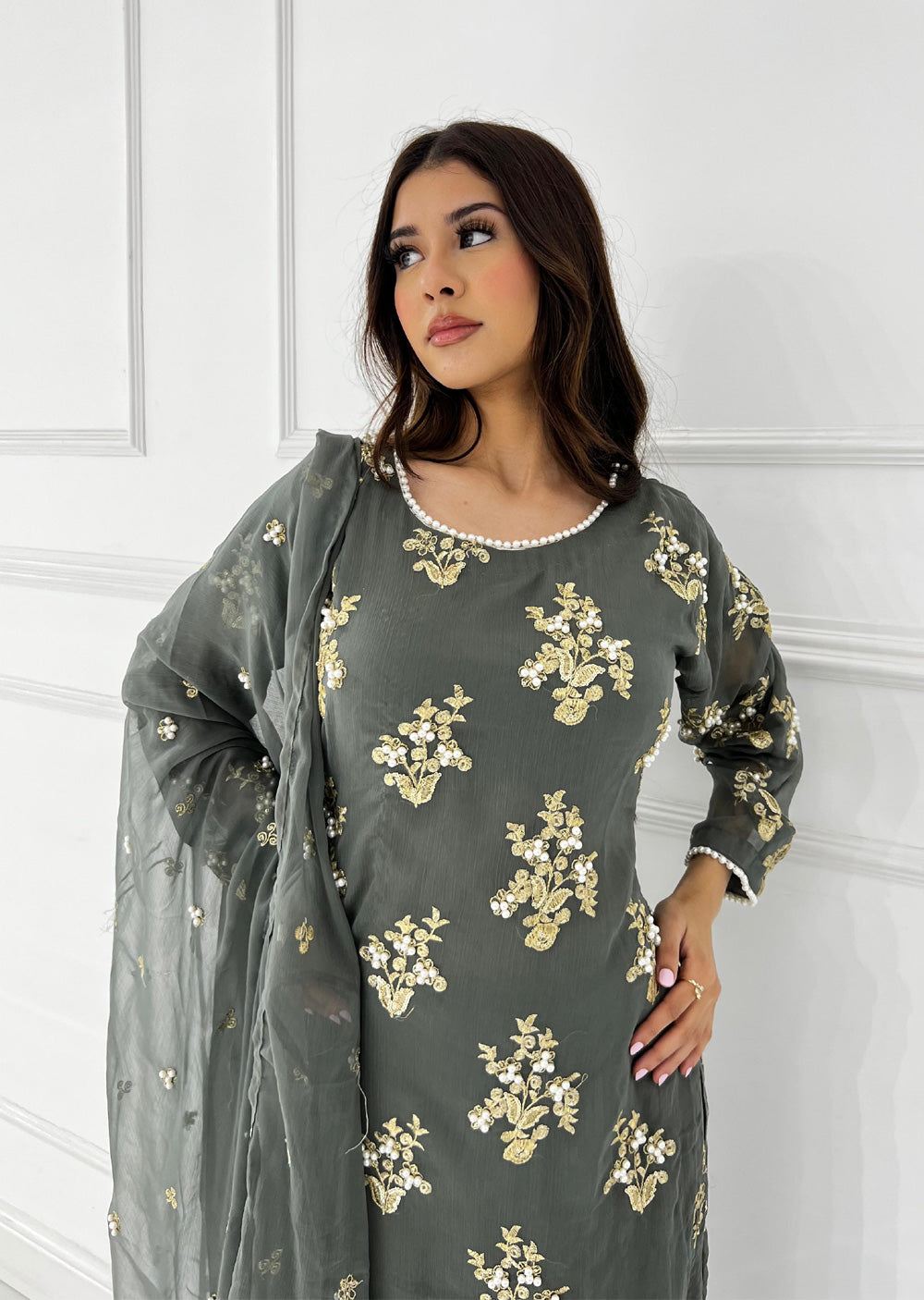 SMR3109 Rehem Dil - Grey Chiffon Suit - Memsaab Online