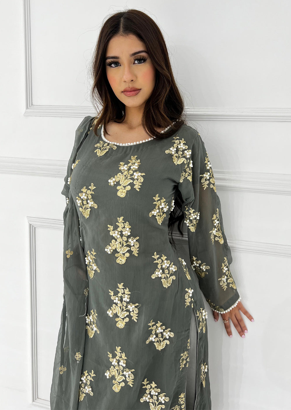 SMR3109 Rehem Dil - Grey Chiffon Suit - Memsaab Online