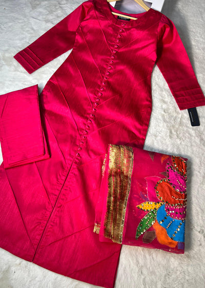 HK275 Rubru - Hot Pink Handpainted Duppatta Suit - Memsaab Online