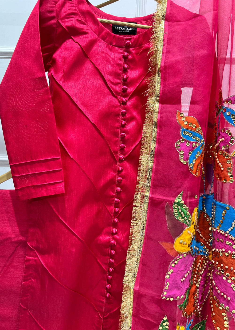 HK275 Rubru - Hot Pink Handpainted Duppatta Suit - Memsaab Online