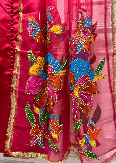 HK275 Rubru - Hot Pink Handpainted Duppatta Suit - Memsaab Online