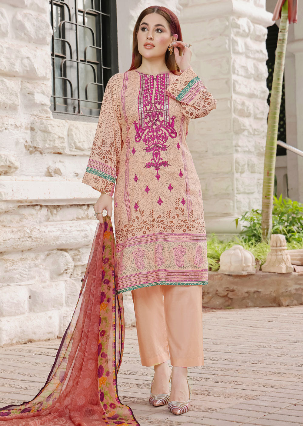 AMT48011 - Gold/Pink Readymade Lawn Suit - Memsaab Online