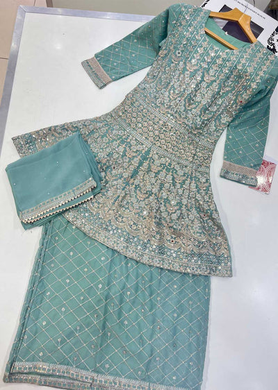 SIM2570 Jade Green Readymade Chiffon Outfit - Memsaab Online