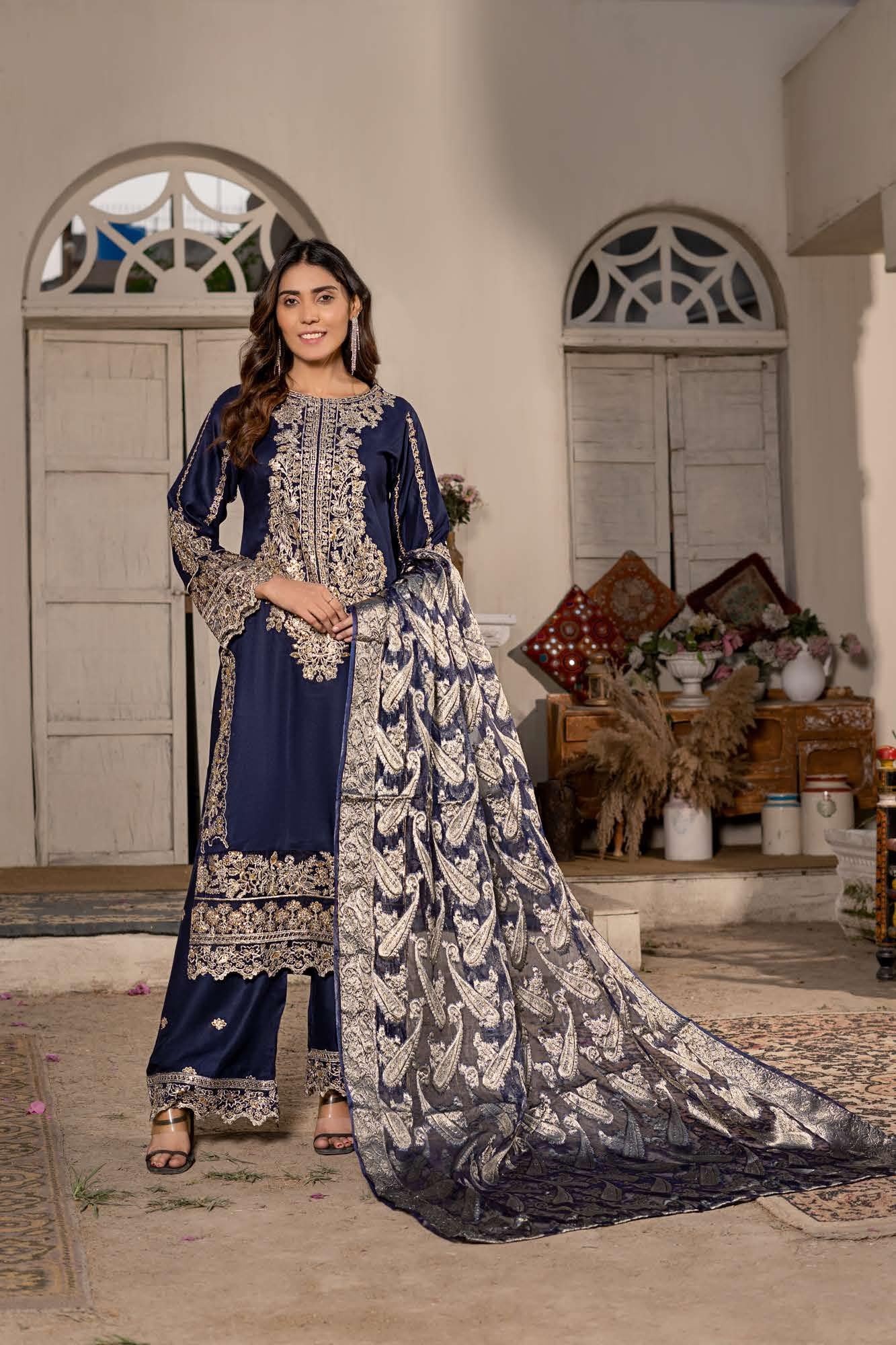 RGZ7104 - Rangz Linen Suit Organza Scarf - Memsaab Online