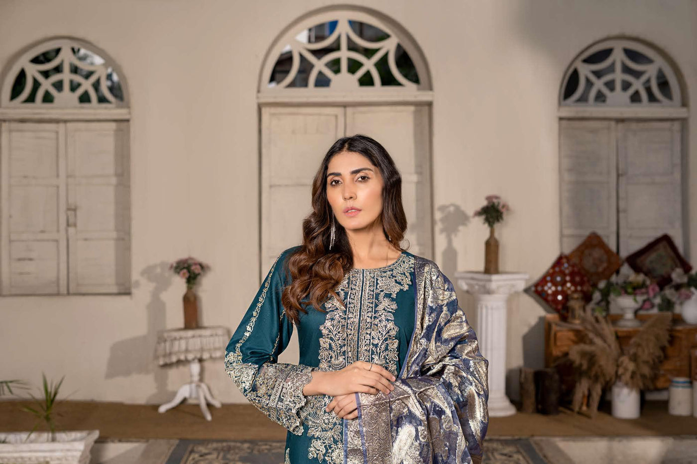 RGZ7104 - Rangz Linen Suit Organza Scarf - Memsaab Online