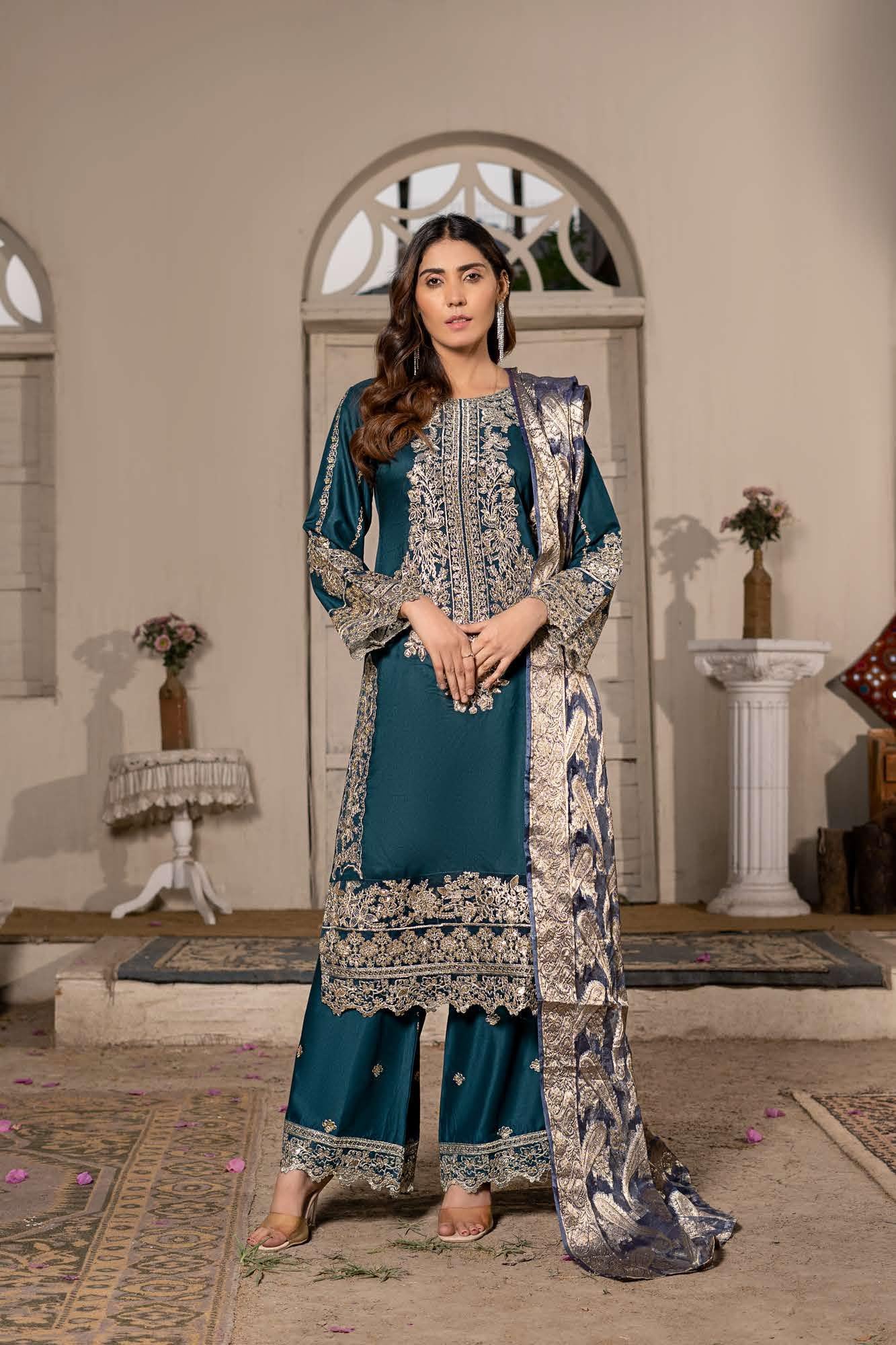 RGZ7104 - Rangz Linen Suit Organza Scarf - Memsaab Online