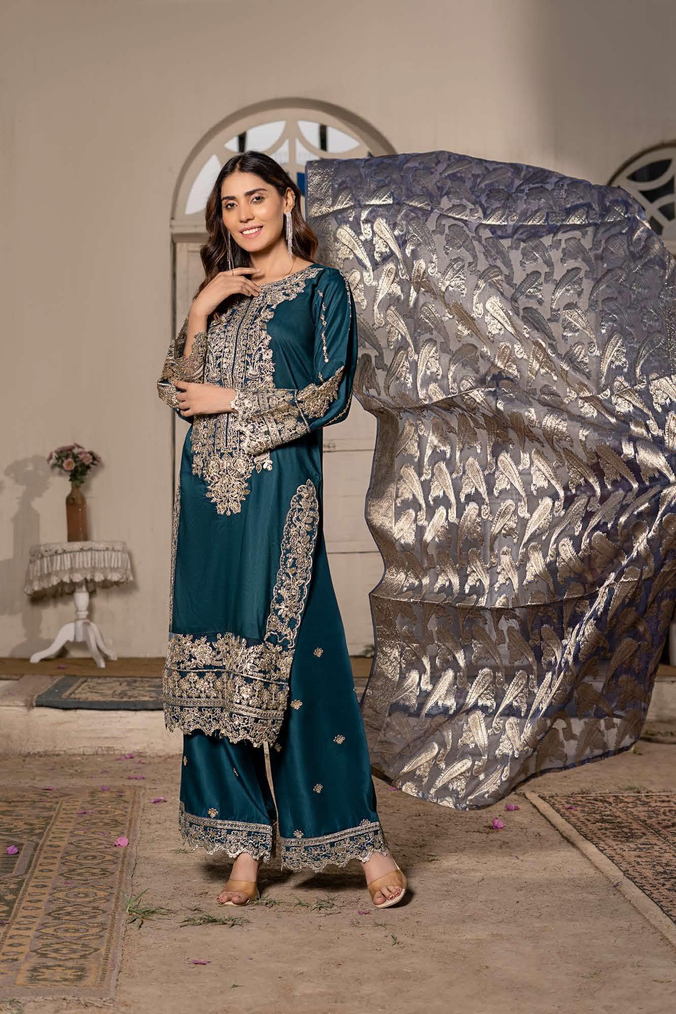 RGZ7104 - Rangz Linen Suit Organza Scarf - Memsaab Online