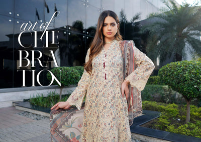 MSSL-05 Cream Munira Digital lawn Suit - Memsaab Online