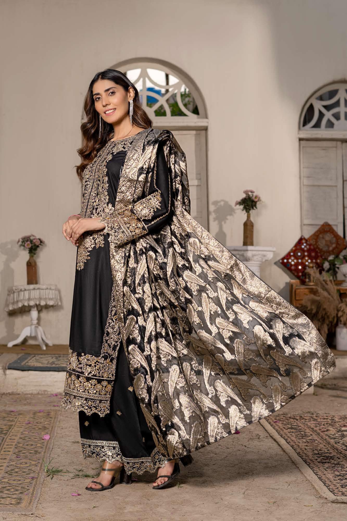 RGZ7104 - Rangz Linen Suit Organza Scarf - Memsaab Online