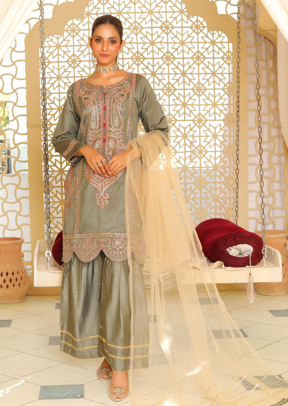 KLD315 Esaaf - OLive Readymade Khadi Net Suit - Memsaab Online