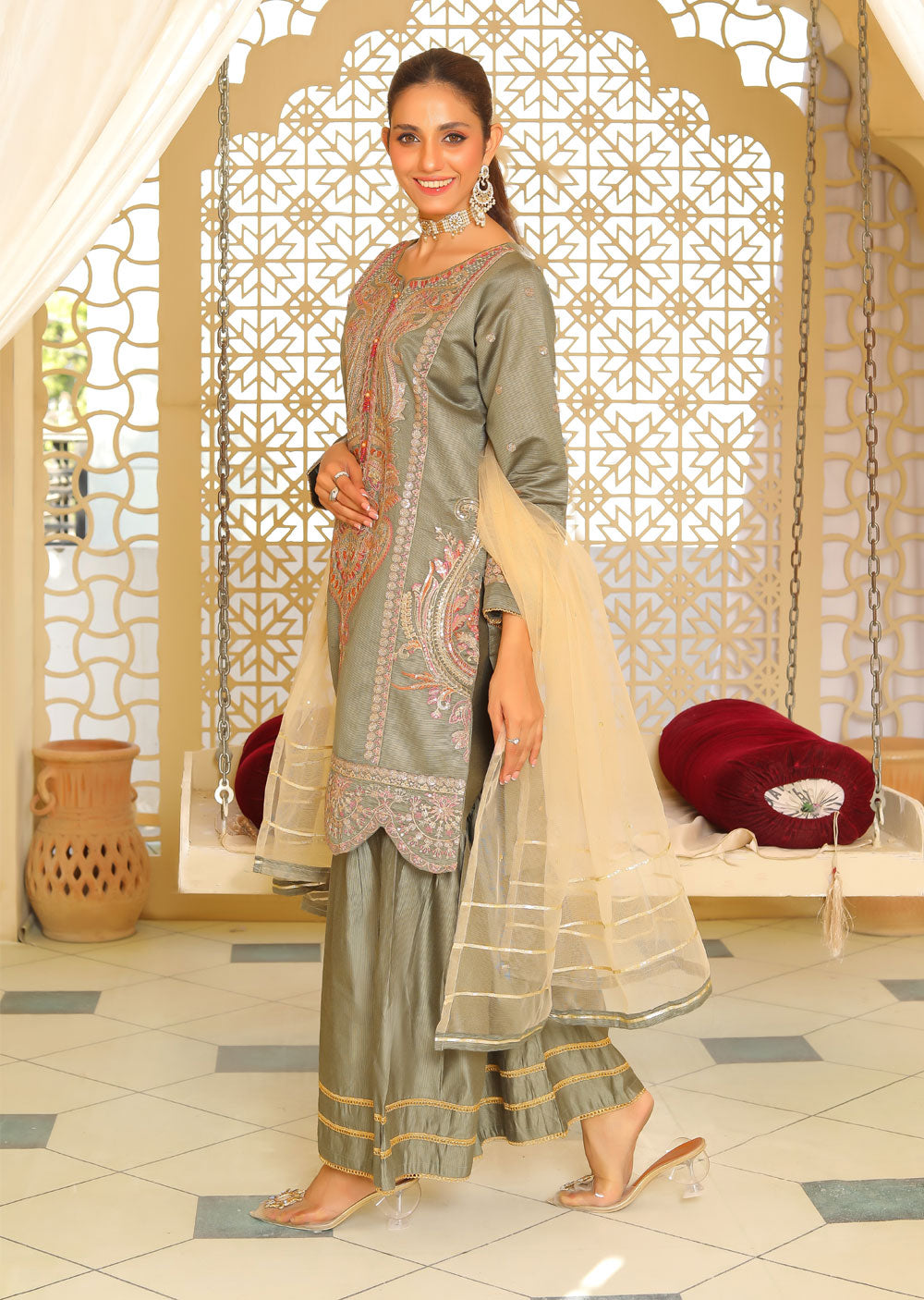 KLD315 Esaaf - OLive Readymade Khadi Net Suit - Memsaab Online