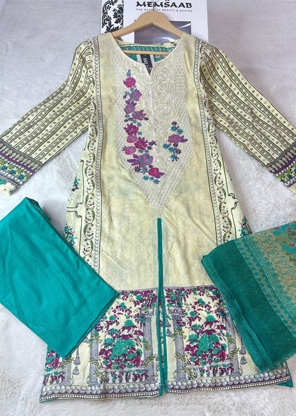 AMT48015 - Lemon Readymade Lawn Suit - Memsaab Online