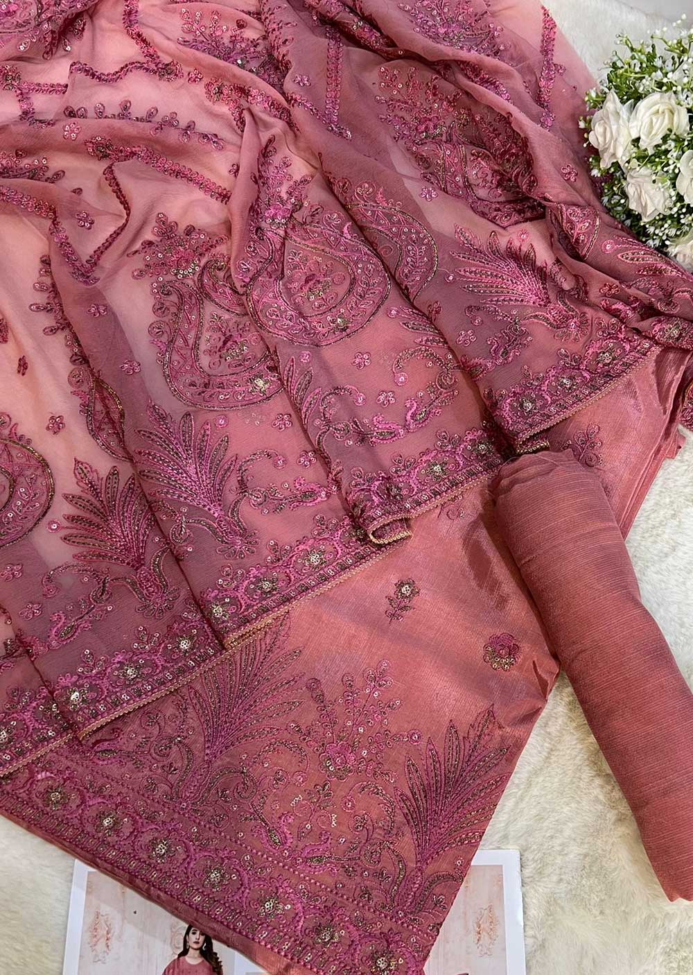 F-05 - Pink Unstitched Silk/Chiffon Suit - Memsaab Online
