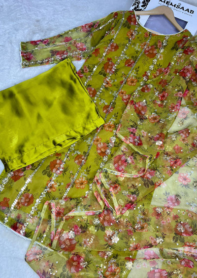 HK269 Zarifa - Lime Readymade Organza Suit - Memsaab Online