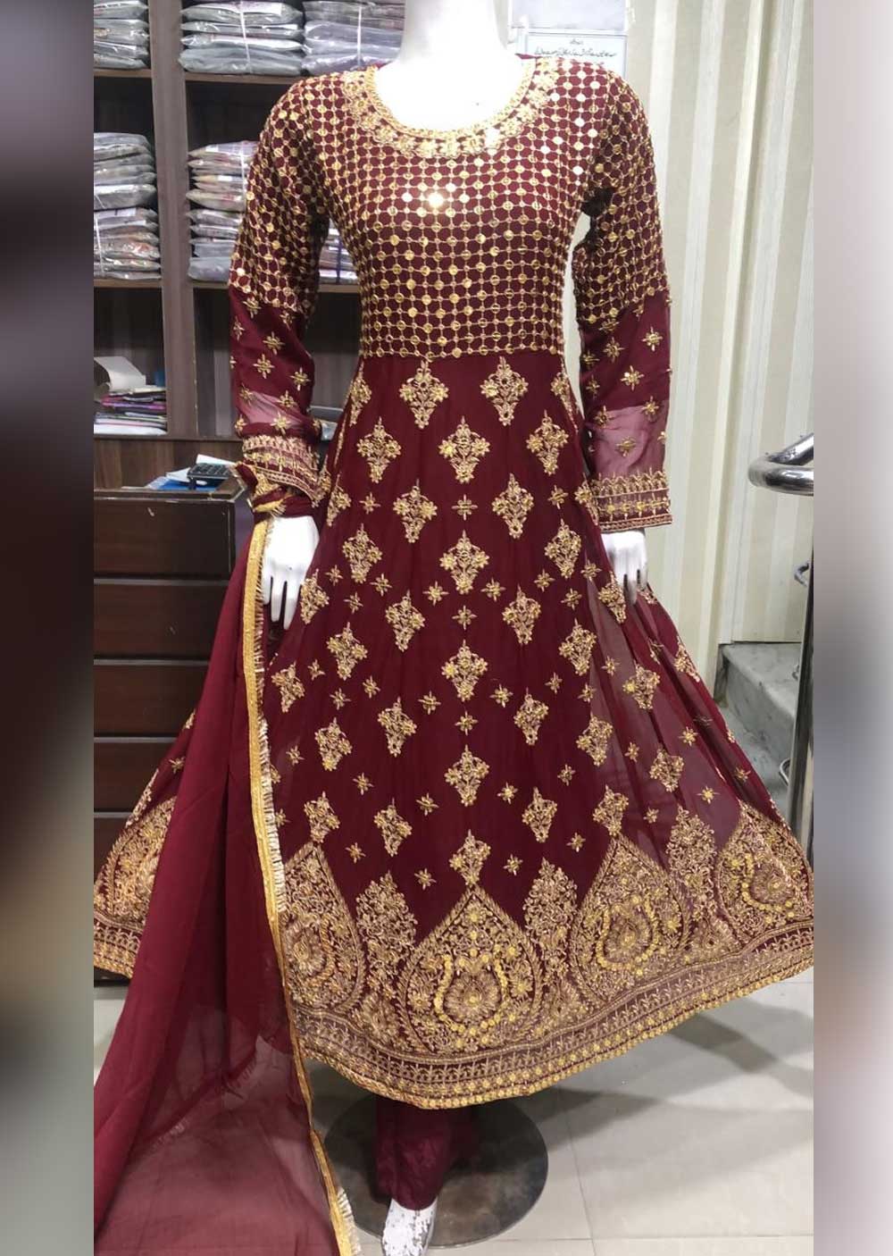 SHAZ6557 Maroon Readymade Chiffon Dress - Memsaab Online