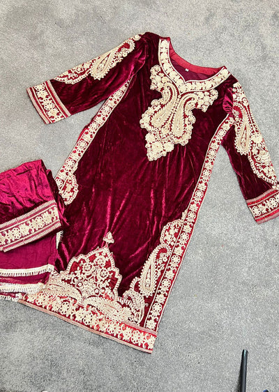 RGZ1514 Red Readymade Velvet Suit - Memsaab Online