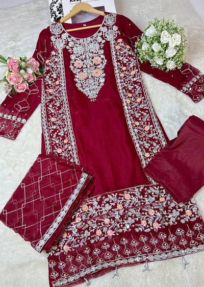 SLM610 Reha - Readymade Maroon Chiffon Outfit - Memsaab Online