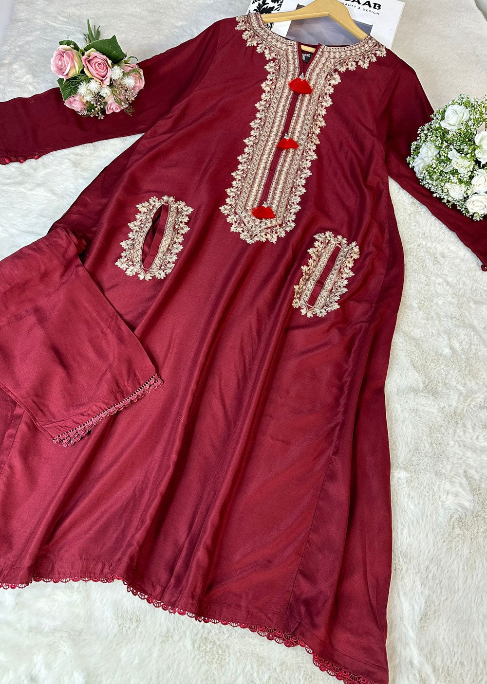 RGZ4014 Aera - Maroon Readymade 2 Piece Linen Suit - Memsaab Online