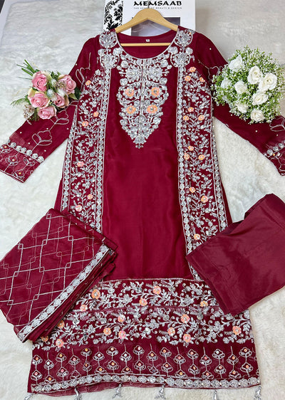 SLM610 Reha - Readymade Maroon Chiffon Outfit - Memsaab Online