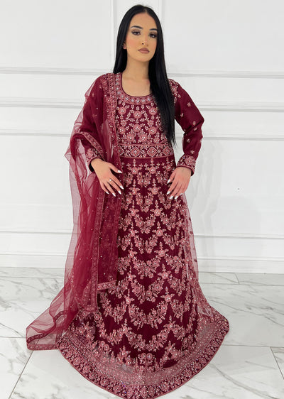 RH2113 Arya - Maroon Fancy Net Maxi Dress - Memsaab Online