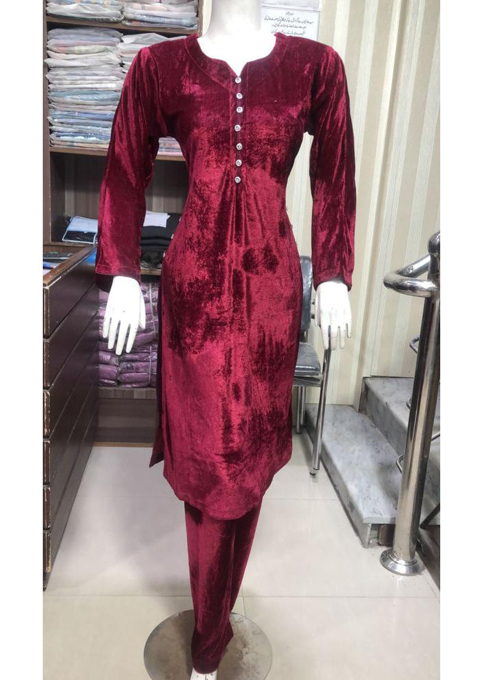 BP1203 Maroon Readymade 2 piece Velvet Suit - Memsaab Online