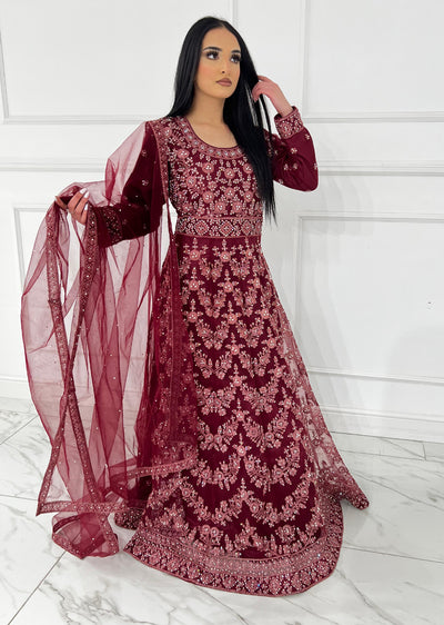 RH2113 Arya - Maroon Fancy Net Maxi Dress - Memsaab Online